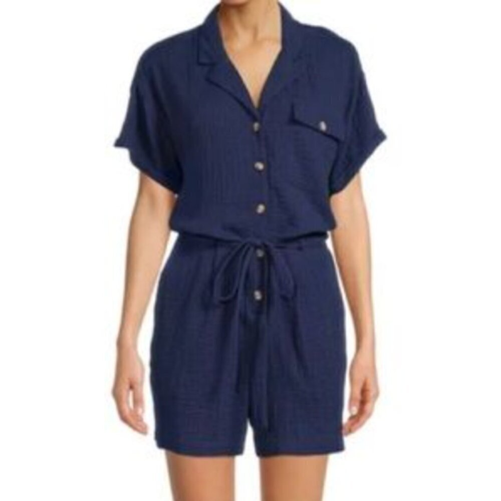 Beachlunchlounge Gauzy Cotton Navy Blue Cuff Sleeve Button Front Romper